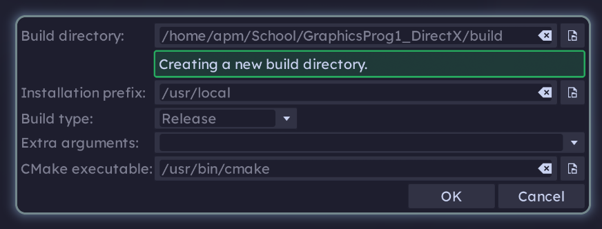 A screenshot showing the project import wizard, indicating it will create a new build directory